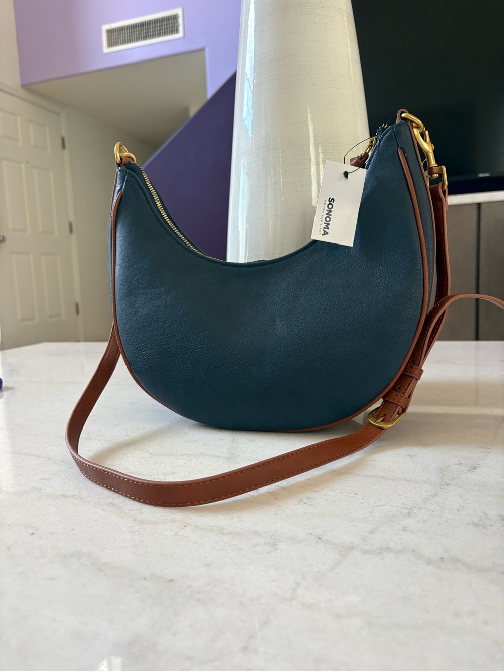 Sonoma Teal Crescent Shoulder Bag with Brown Strap